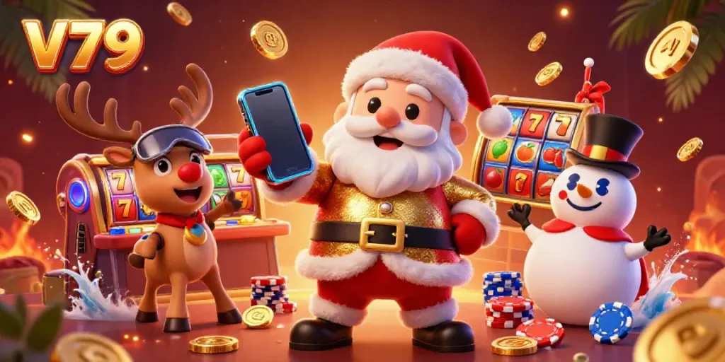 Experience V79's vibrant gaming atmosphere with Santa, his reindeer, and a snowman enjoying jackpot slots!