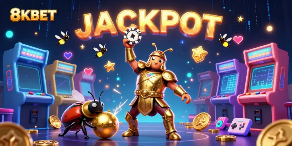 Experience 8KBET's vibrant casino adventure with winning characters and a jackpot celebration.