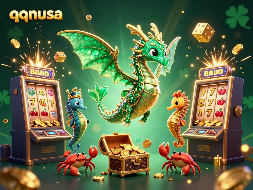 Spin to win with qqnusa's vibrant casino scene featuring a leafy sea dragon and treasure.