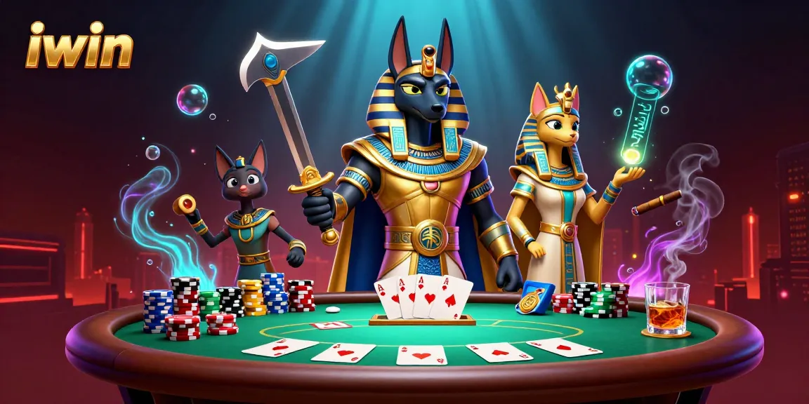 Experience thrilling poker action at iwin's vibrant 3D casino with Anubis and Bastet.