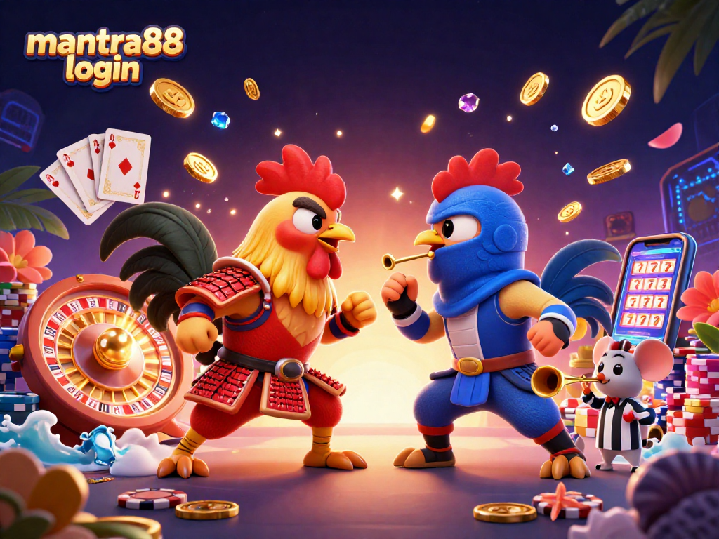 Experience the thrill of mantra88 login with cartoon roosters in a dynamic casino battle!