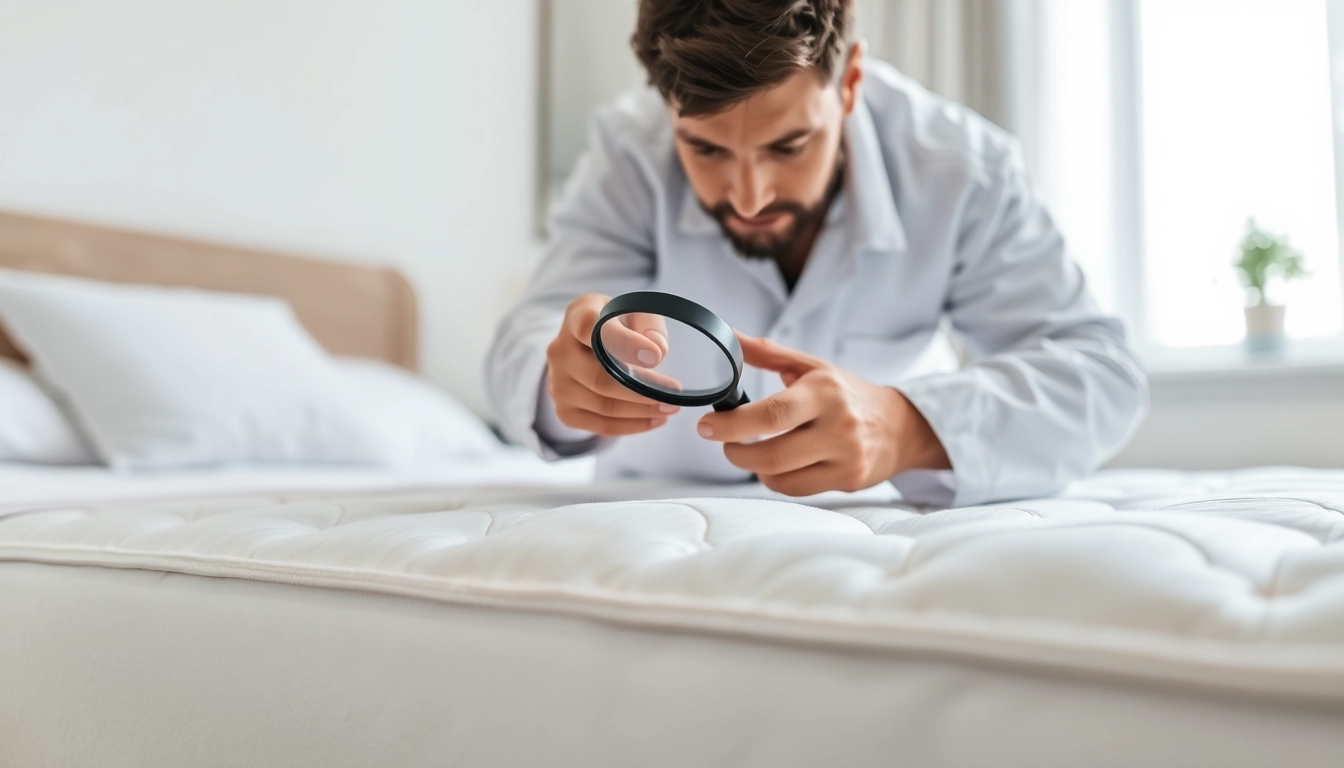 Inspecting for bed bug removal with a professional pest control technician in a bright bedroom.