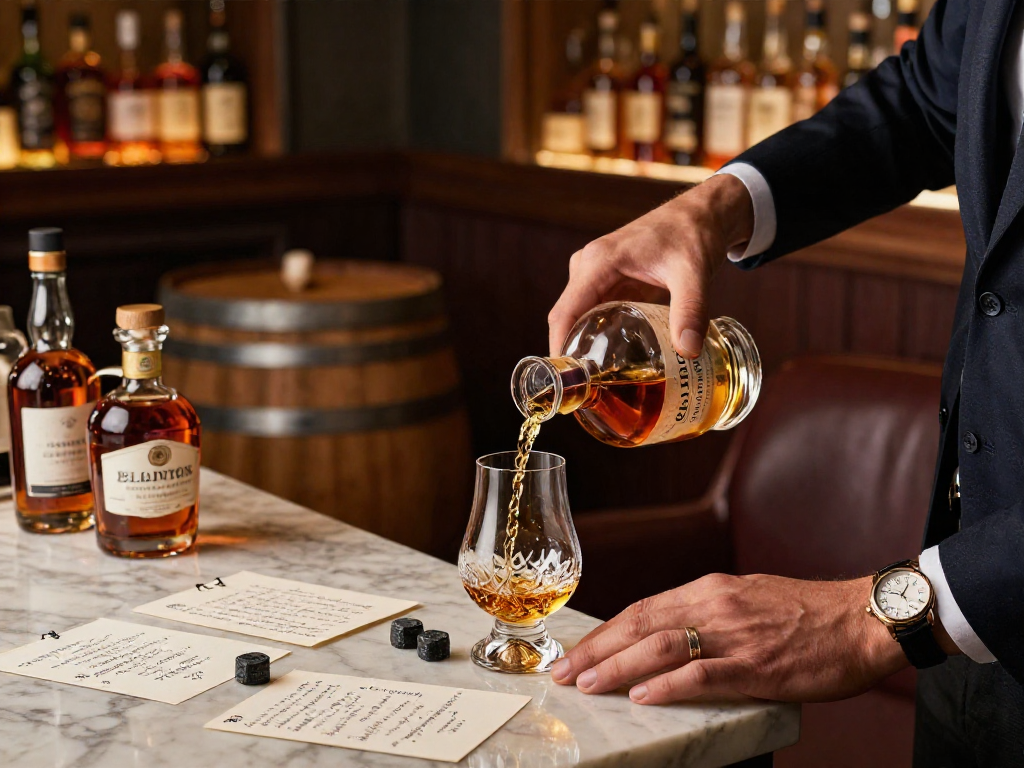 Blanton's Gold bourbon tasting scene with sommelier pouring whiskey.