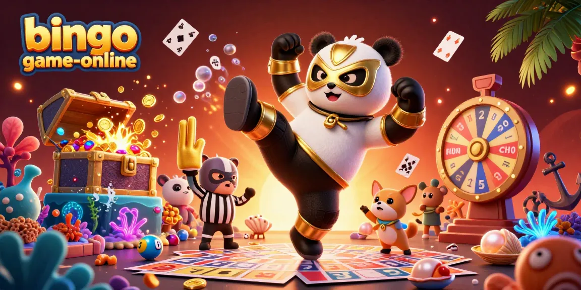 Bingo-game-online illustrates an action-packed scene with a panda wrestler, bingo elements, and dynamic crowd engagement.
