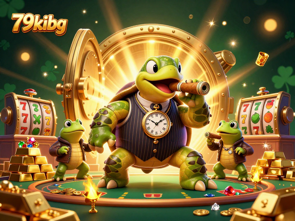Experience thrilling wins at 79kibg with a captivating casino scene featuring a mobster turtle and slot games.