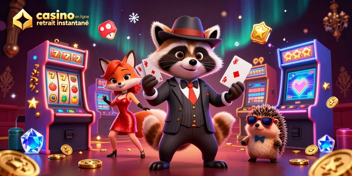 Illustration captivante d'un casino en ligne retrait instantané, avec des personnages animés et des machines à sous animées.