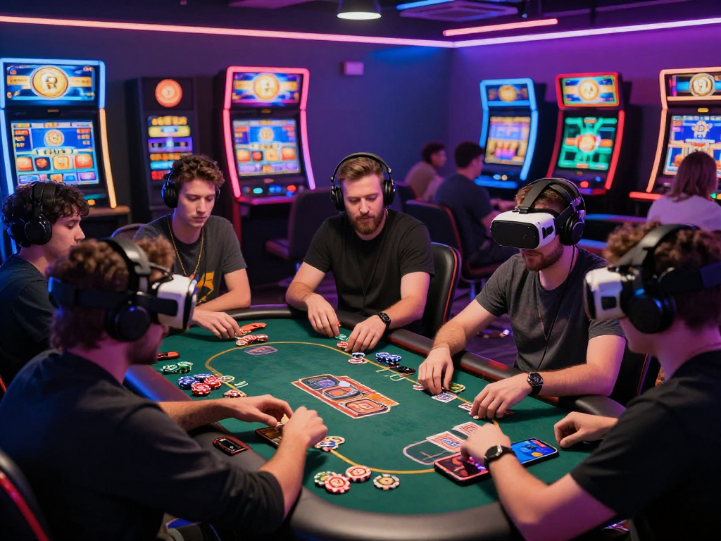 Exciting crypto casino gaming scene with players enjoying virtual games and bright neon lights.