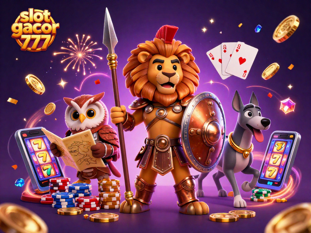 Spin for glory with slot gacor 777, featuring a dynamic 3D casino scene with vibrant characters and game elements.