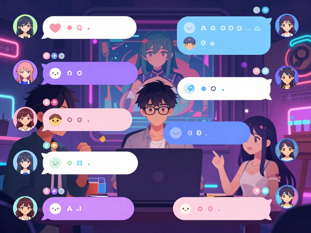 Engaging avatars in lively AI hentai chat discussions in a vibrant virtual space.