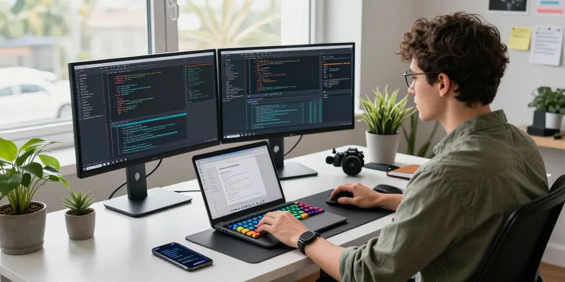 Developer programming with dual monitors and a laptop in a bright workspace, highlighting cika4d.