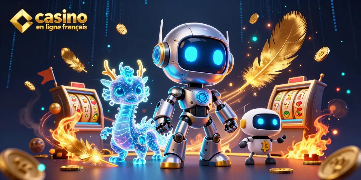 Jouer au casino en ligne français avec un robot cyberpunk et un dragon holographique.