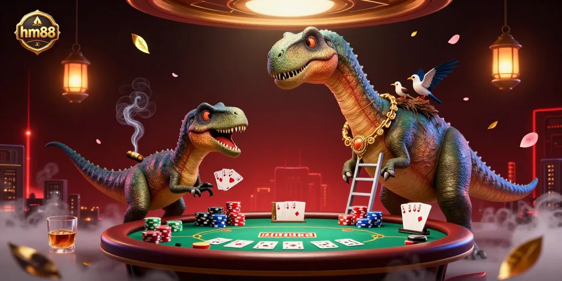 Experience the excitement of hm88 as a giant brontosaurus looks down on a vibrant poker game, surrounded by colorful chips and lively casino elements.
