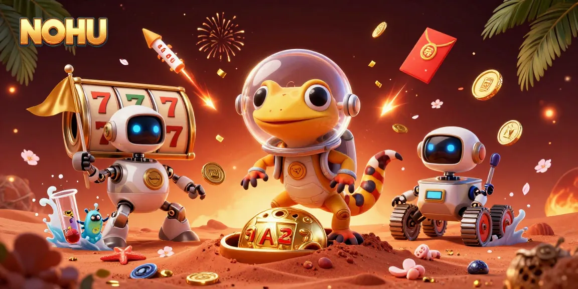 Engage with NOHU's vibrant 3D casino adventure featuring a Martian gecko and unique game elements.
