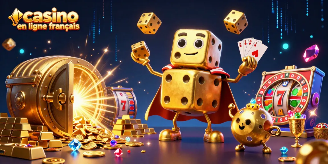 Jouez et gagnez avec le casino en ligne français, entouré de dés dorés et de symboles de machines à sous.
