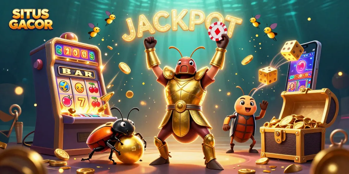 SITUS GACOR showcases a victorious hercules beetle amidst colorful casino elements, celebrating wins.