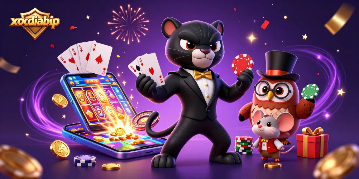 xocdiabip showcases a stylish panther dealer elegantly handling poker cards amid festive gambling elements.