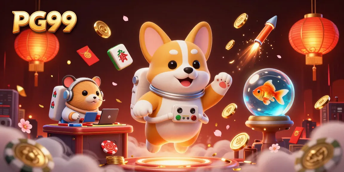 Experience PG99's exciting space casino with astronaut corgi and floating poker chips.