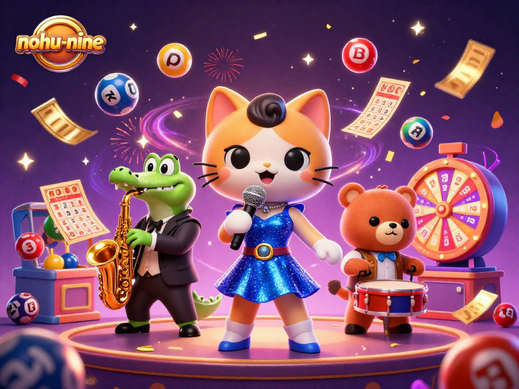 Engage in exciting casino action with nohu-nine, featuring colorful lottery balls, prize wheels, and vibrant characters.