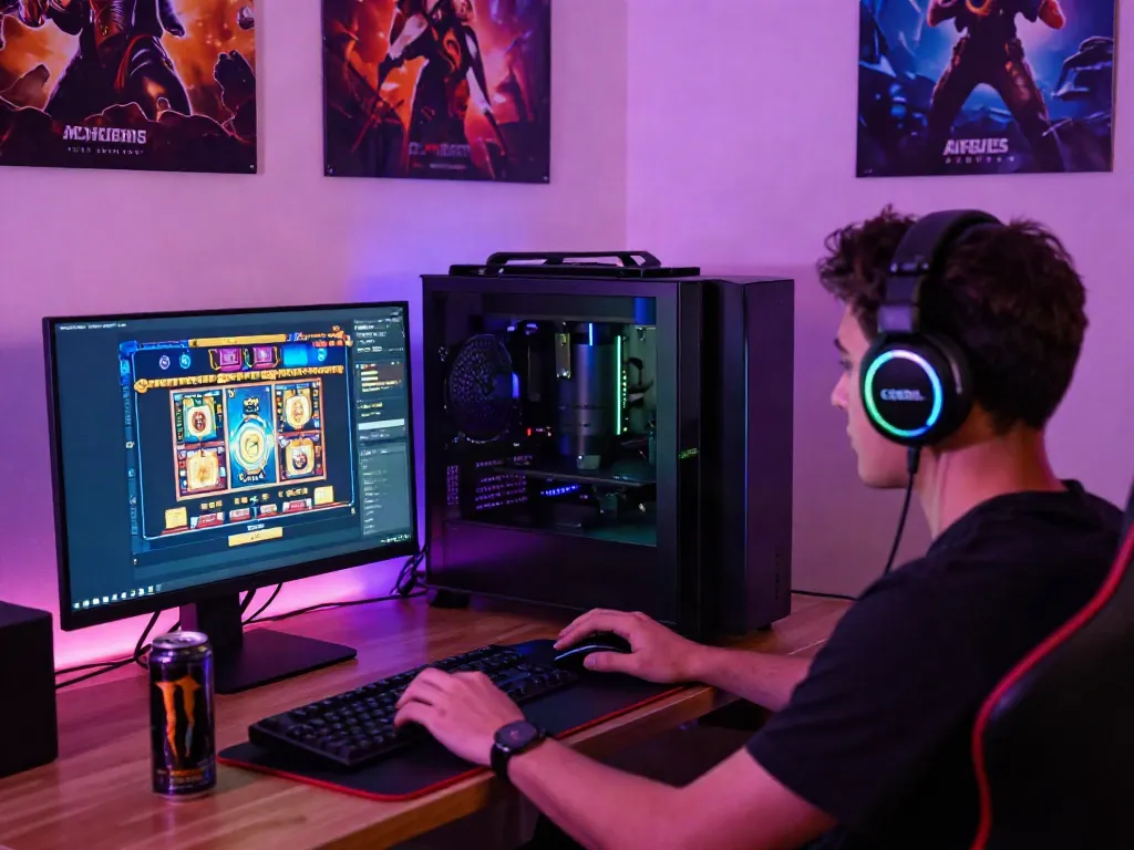 Engaging gaming scene showcasing a player immersed in สล็อตเว็บตรง online slots on high-end setup.