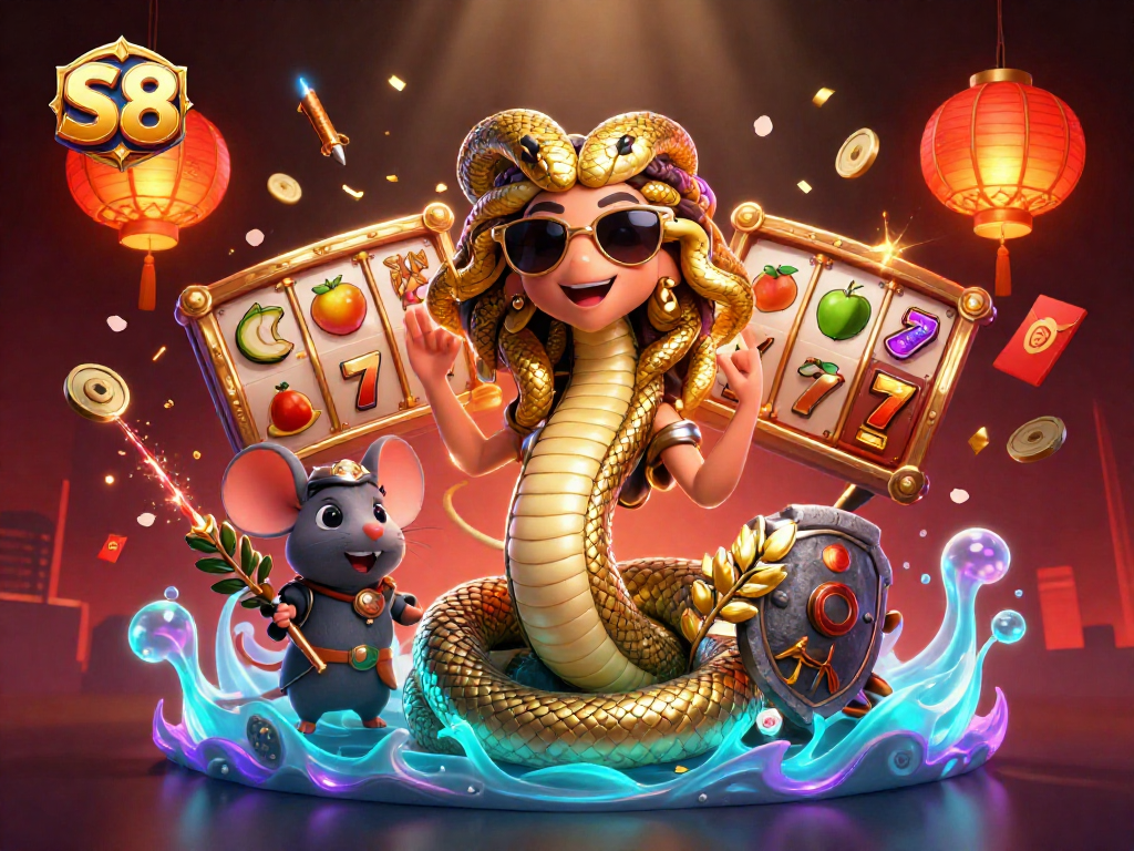 Experience the thrill of S8's gaming world with Medusa and a warrior mouse in a vibrant casino setting.