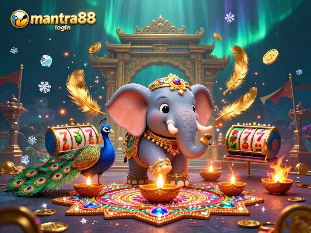 Experience seamless mantra88 login with vibrant 3D casino elements featuring an enchanted elephant and peacock.