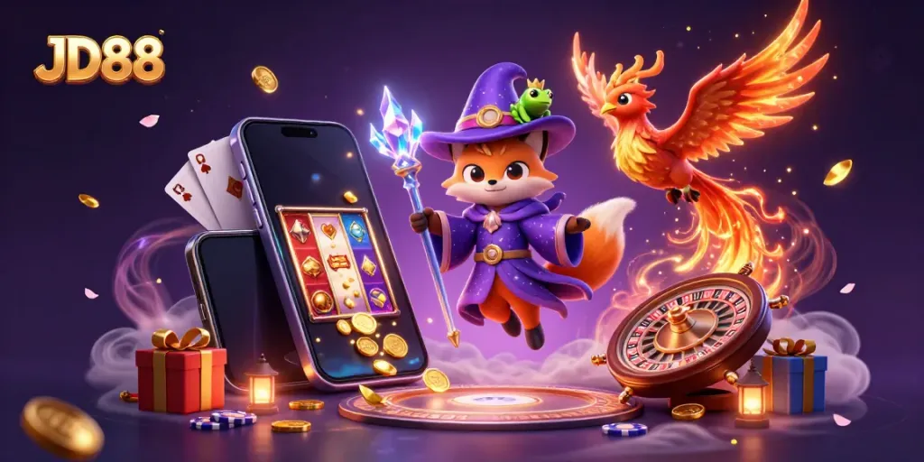 Join the magical adventure at JD88 with a wizard fox, phoenix, and gaming elements.