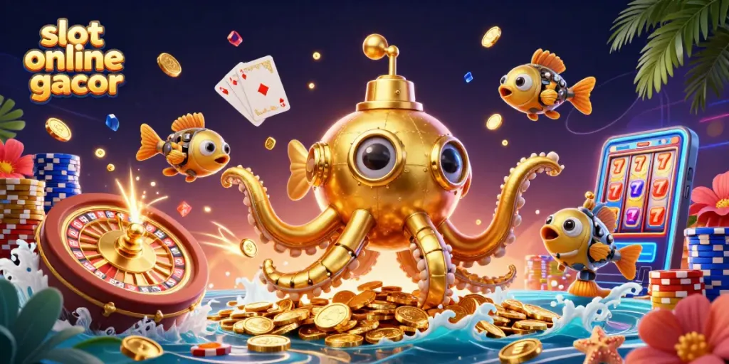 Experience thrilling gameplay with slot online gacor while featuring vibrant golden kraken submarine and exciting casino elements.