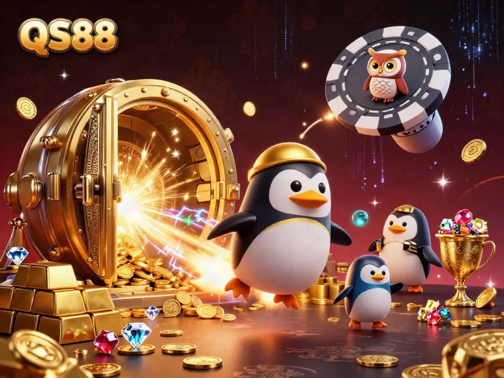 Engage in thrilling gameplay with QS88 as a golden penguin navigates a vibrant casino galaxy.