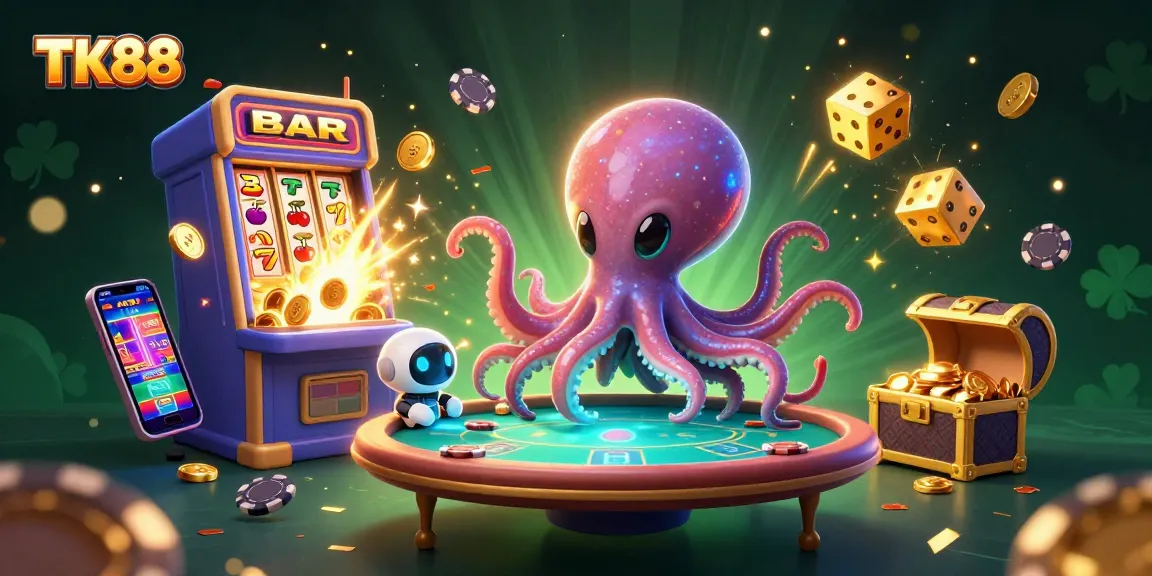 Engaging scene of TK88 promoting games with an alien octopus, poker table, and jackpot excitement.