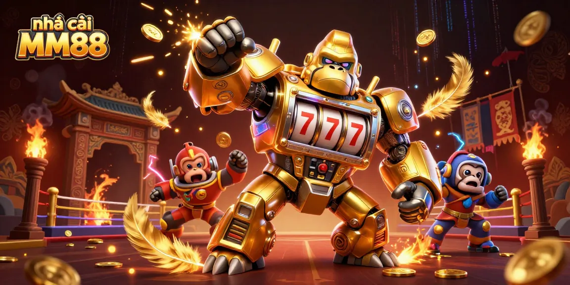Play thrilling slots at nhà cái MM88 with ultra-detailed 3D visual of a golden gorilla mech masterpiece.