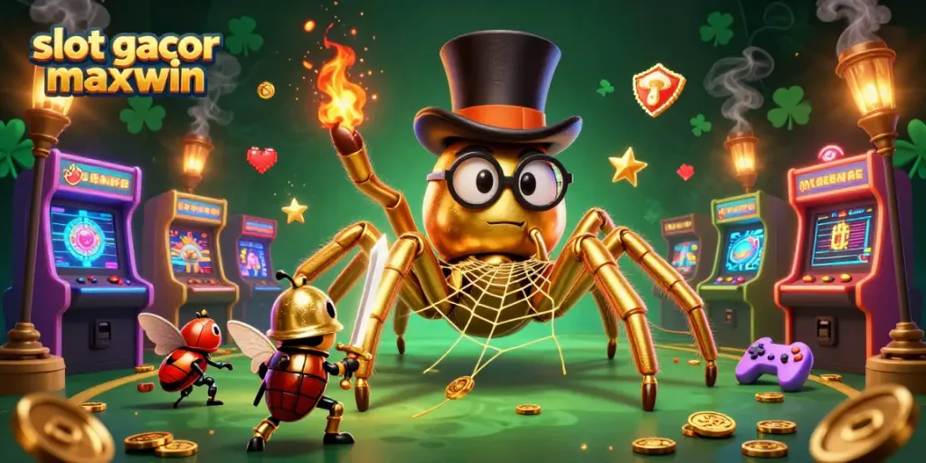 Permainan slot gacor maxwin dengan ilustrasi 3D tarantula emas dan ksatria kumbang berani.