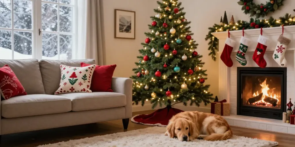 Decorated slim Christmas tree in a cozy living room, creating a warm holiday atmosphere.