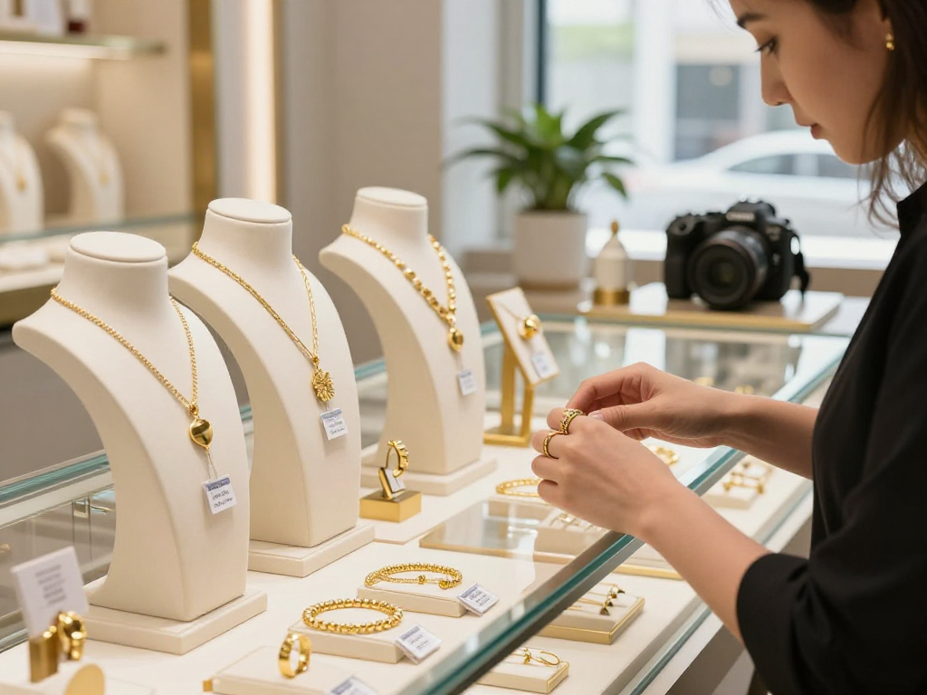 Shopping for gold jewelry with mantra88 login benefits in an elegant store.