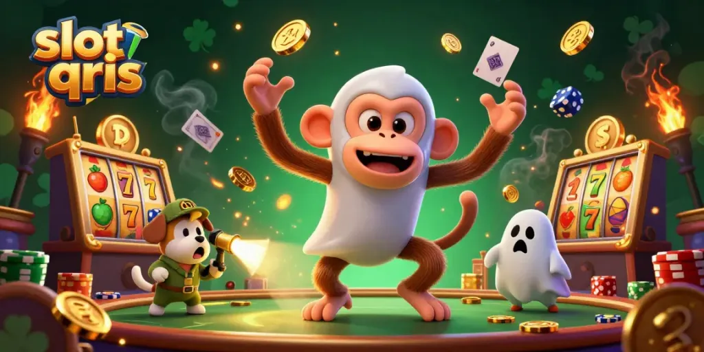 Engage in slot qris action with a playful poltergeist monkey juggling golden coins, capturing casino energy.