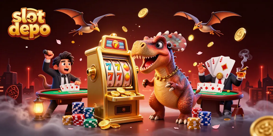 Slot depo menyajikan dinosaurus yang menyeruduk mesin slot emas dengan koin jackpot berterbangan di udara, semua dalam konteks kasino yang mengasyikkan.