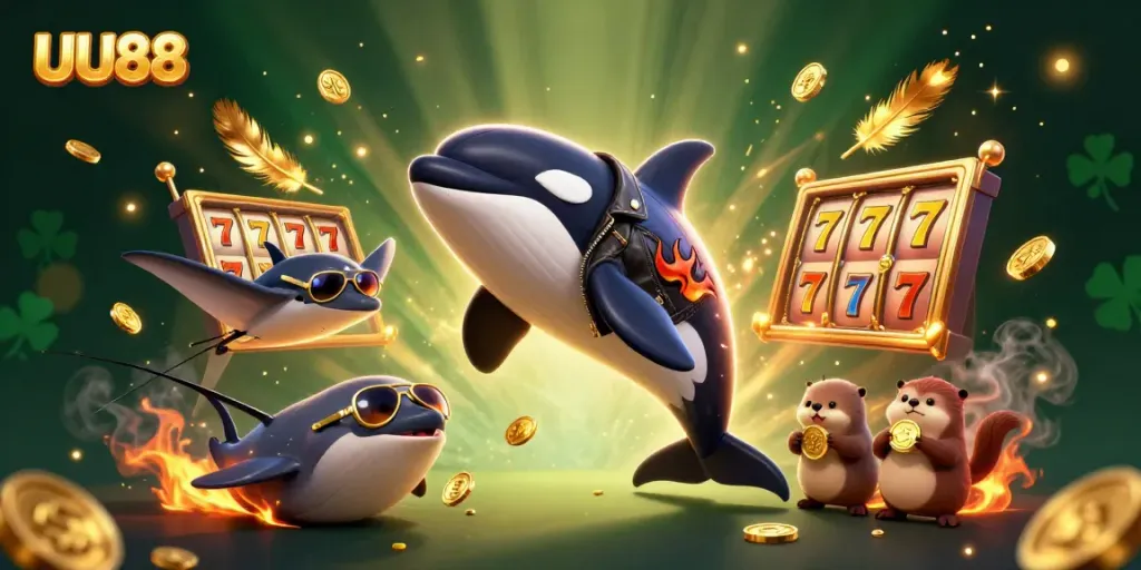 Experience UU88 with vibrant casino elements and lively 3D sea creatures in this dynamic illustration.
