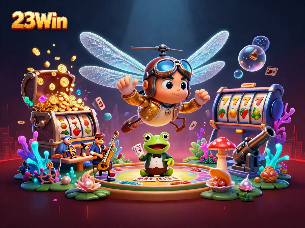 Play at 23Win with dynamic slot machines and vibrant gameplay elements illustrated in 3D.