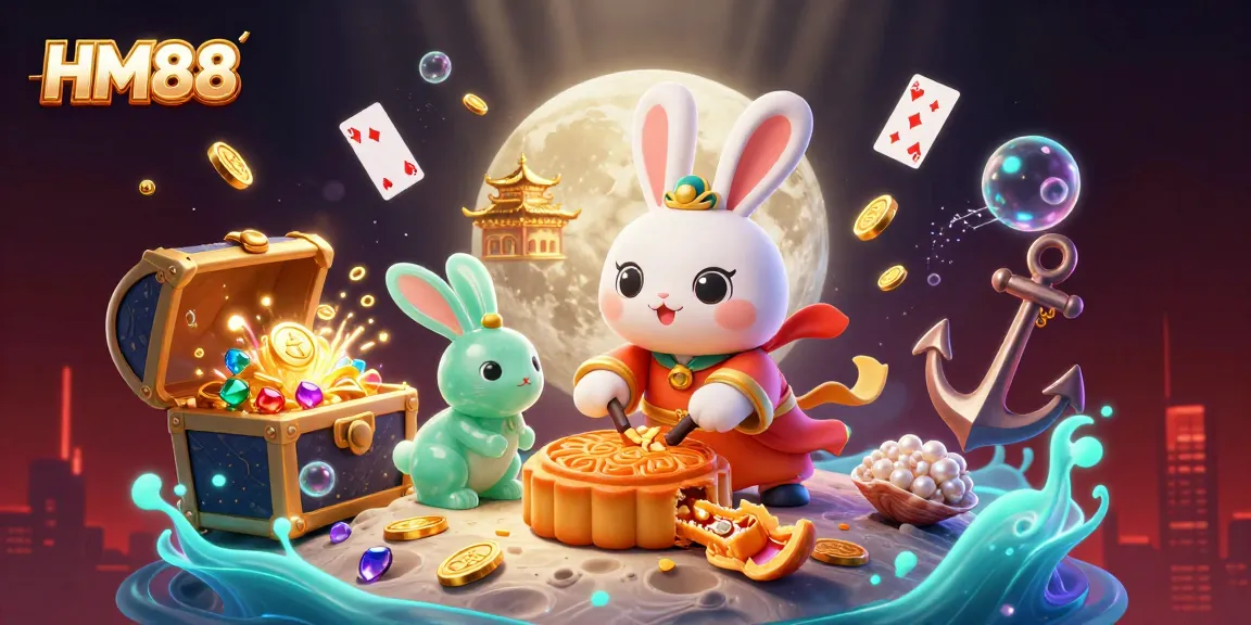 HM88's moon rabbit unleashes poker chips from golden mooncakes in a vibrant casino-themed scene.
