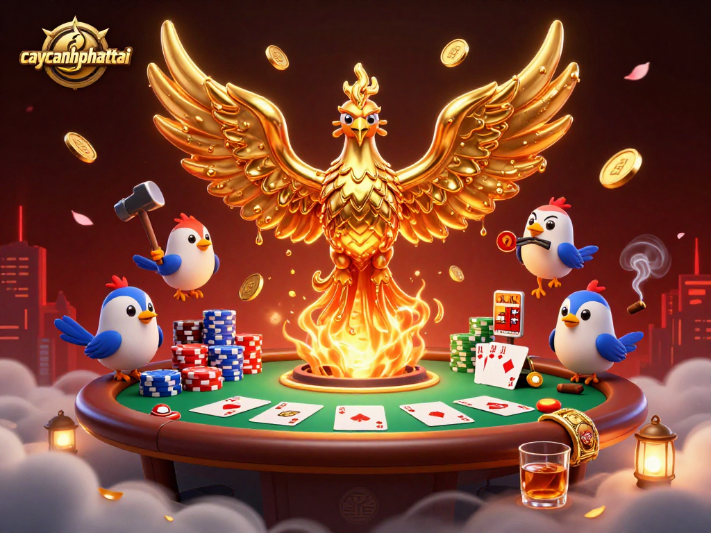 Experience vibrant gambling action in the caycanhphattai game, featuring a dynamic golden phoenix and poker elements.
