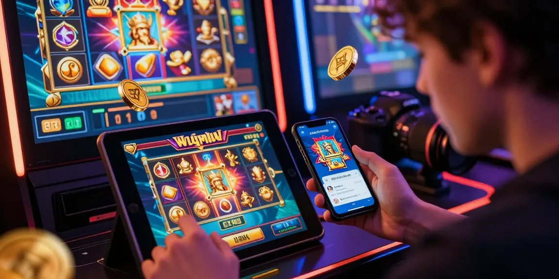 Engaging scene showcasing online gaming excitement with situs 888 themes, player focused on slot machine on tablet amidst vibrant digital graphics.