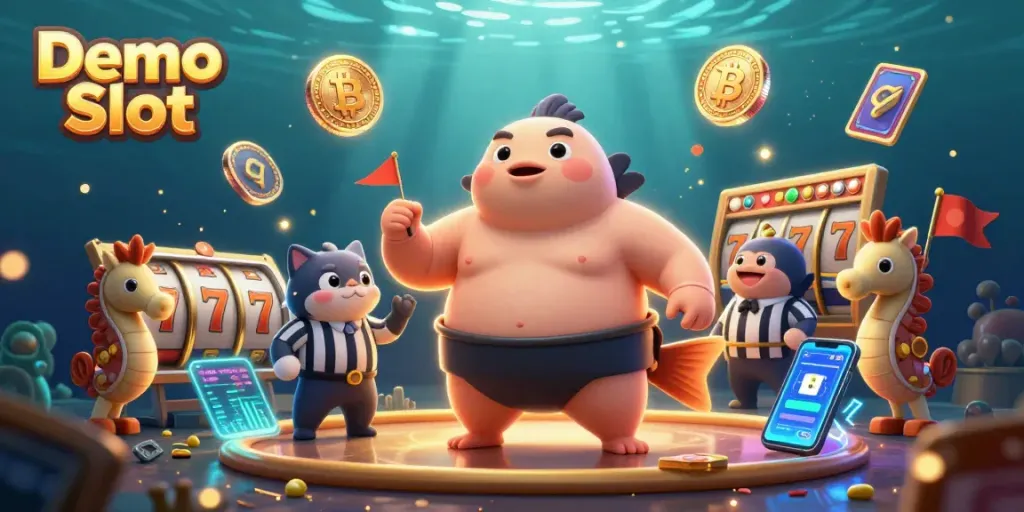 Experience the thrill of Demo Slot with vibrant 3D illustration featuring casino elements and underwater characters.