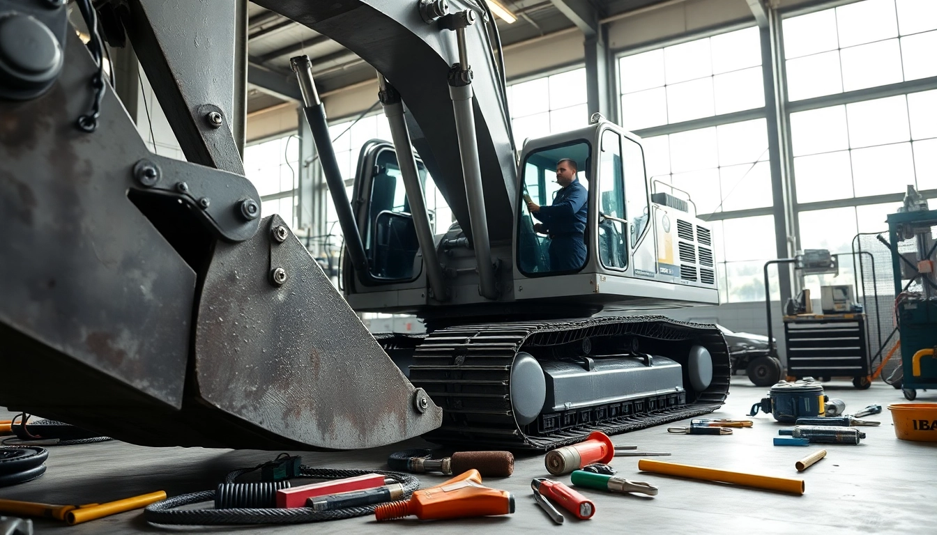 Technician performing equipment service on heavy machinery in a workshop setting.