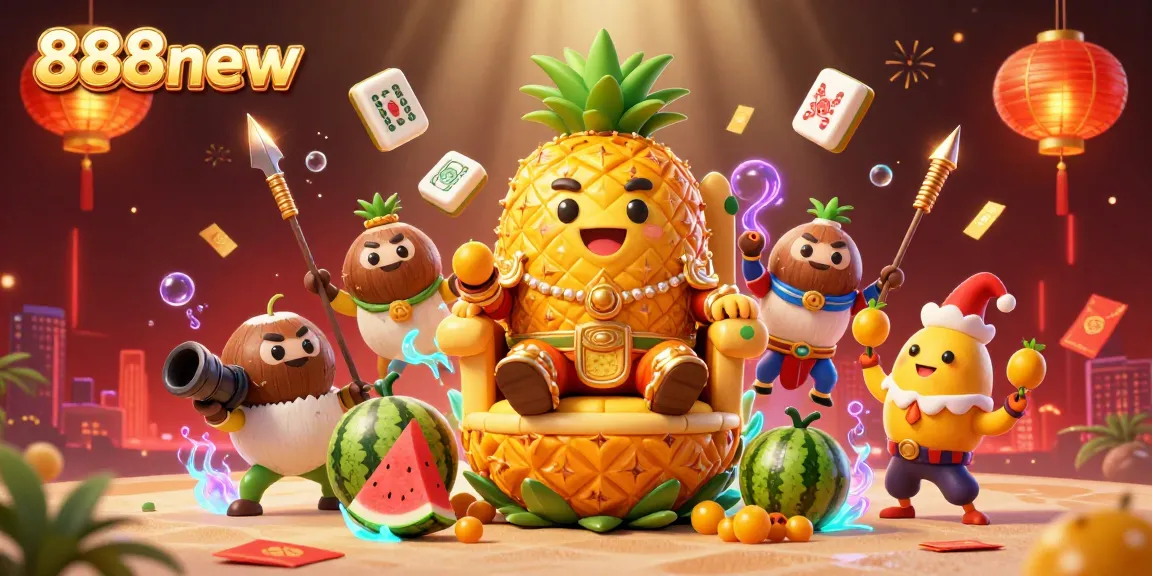 Engage with exciting 888new casino adventures featuring a golden pineapple king and vibrant casino scenes.