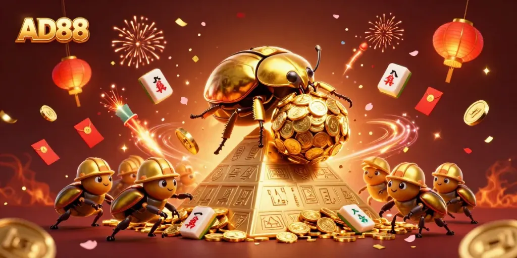 Join the excitement at AD88 with massive golden beetles rolling coins in a vibrant casino scene.