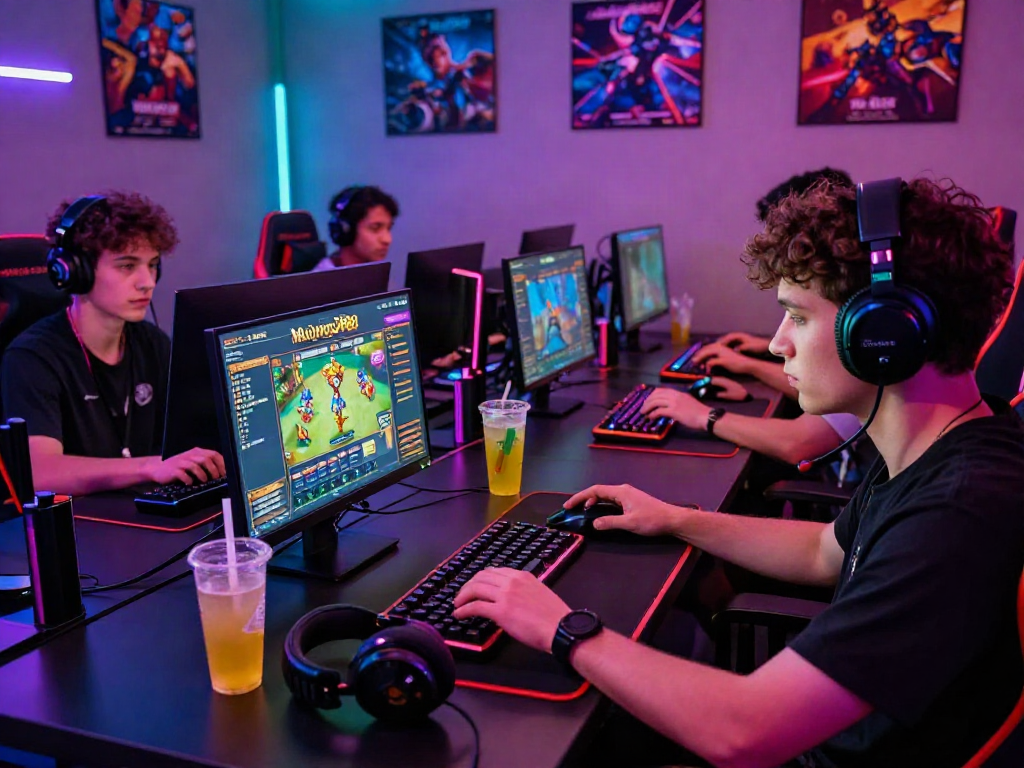 Exciting gaming scene with players focused on Slot Gacor MAHJONGJP88 interface, colorful LED lights enhancing the atmosphere.
