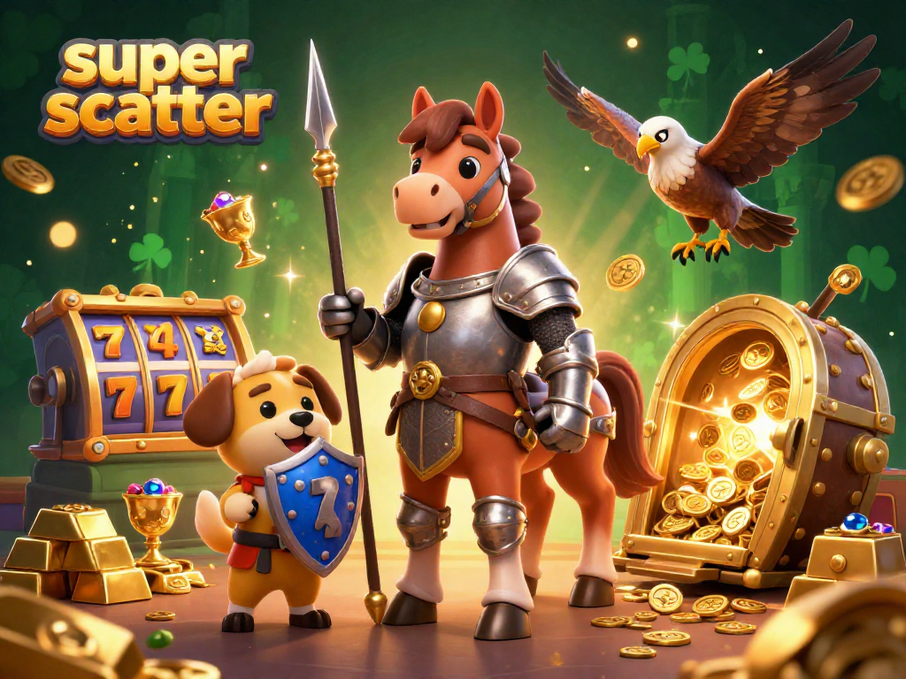 Engage with super scatter as animated characters unveil treasures in a vibrant casino scene.