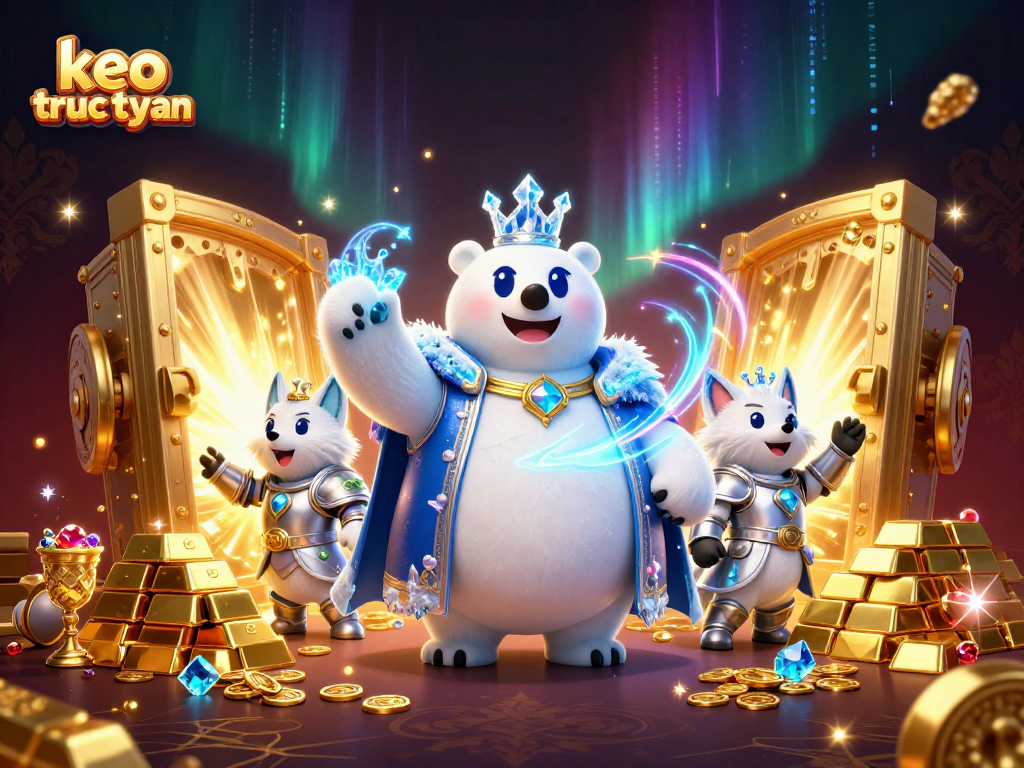 Experience exciting keo truc tuyen betting with a dazzling illustration of a cartoon ice king and fox amid treasures.