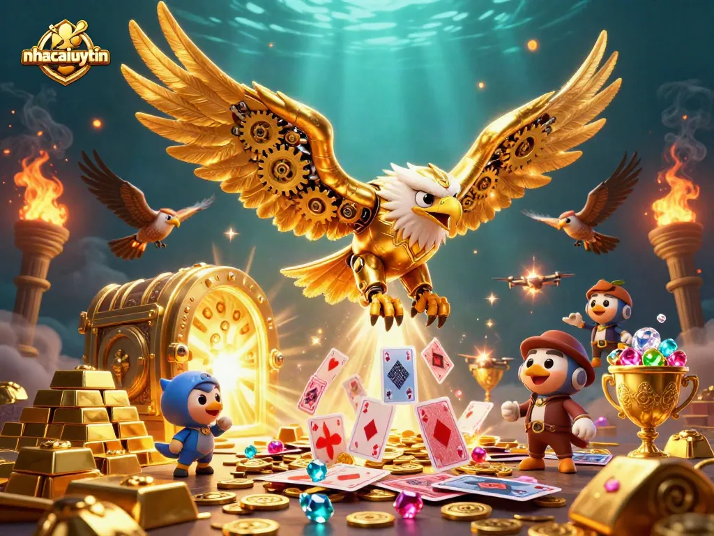 Engage with nhacaiuytin's vibrant casino world amid cascading cards and treasures.