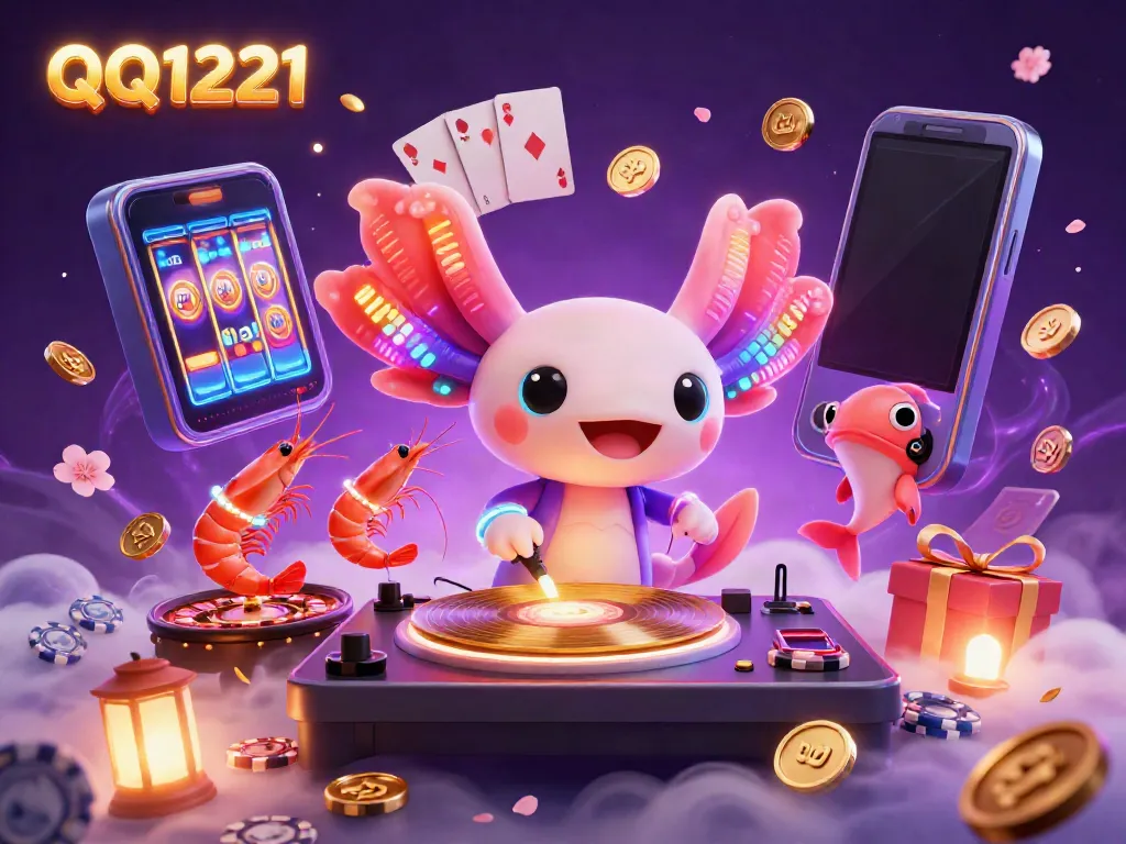 Experience the excitement of QQ1221 with a vibrant casino scene featuring a DJ axolotl and dancing shrimp.