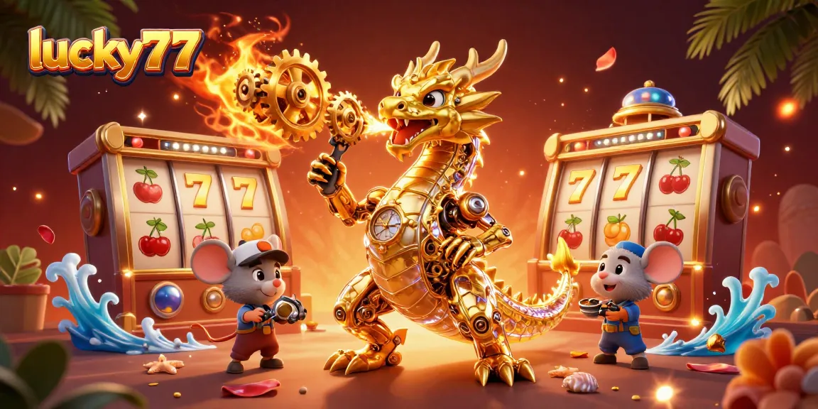 Experience thrill with lucky77 as a golden dragon breathes jackpot-winning gears amidst vibrant slots elements.